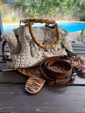 Patricia Nash Cantinella Crochet Floral Bamboo Handle Crossbody Bag Natural NWOT